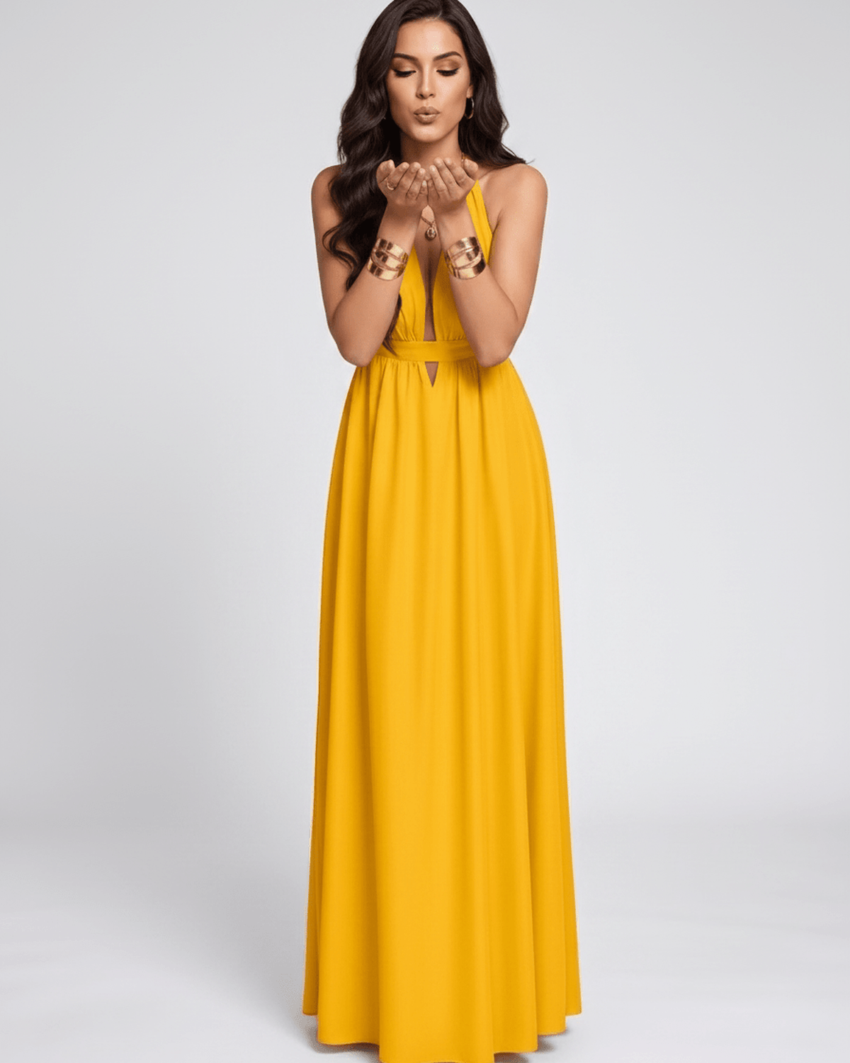 Solara Maxi Dress by Lauven — chiffon sleeveless halter V-neck A-line maxi dress
