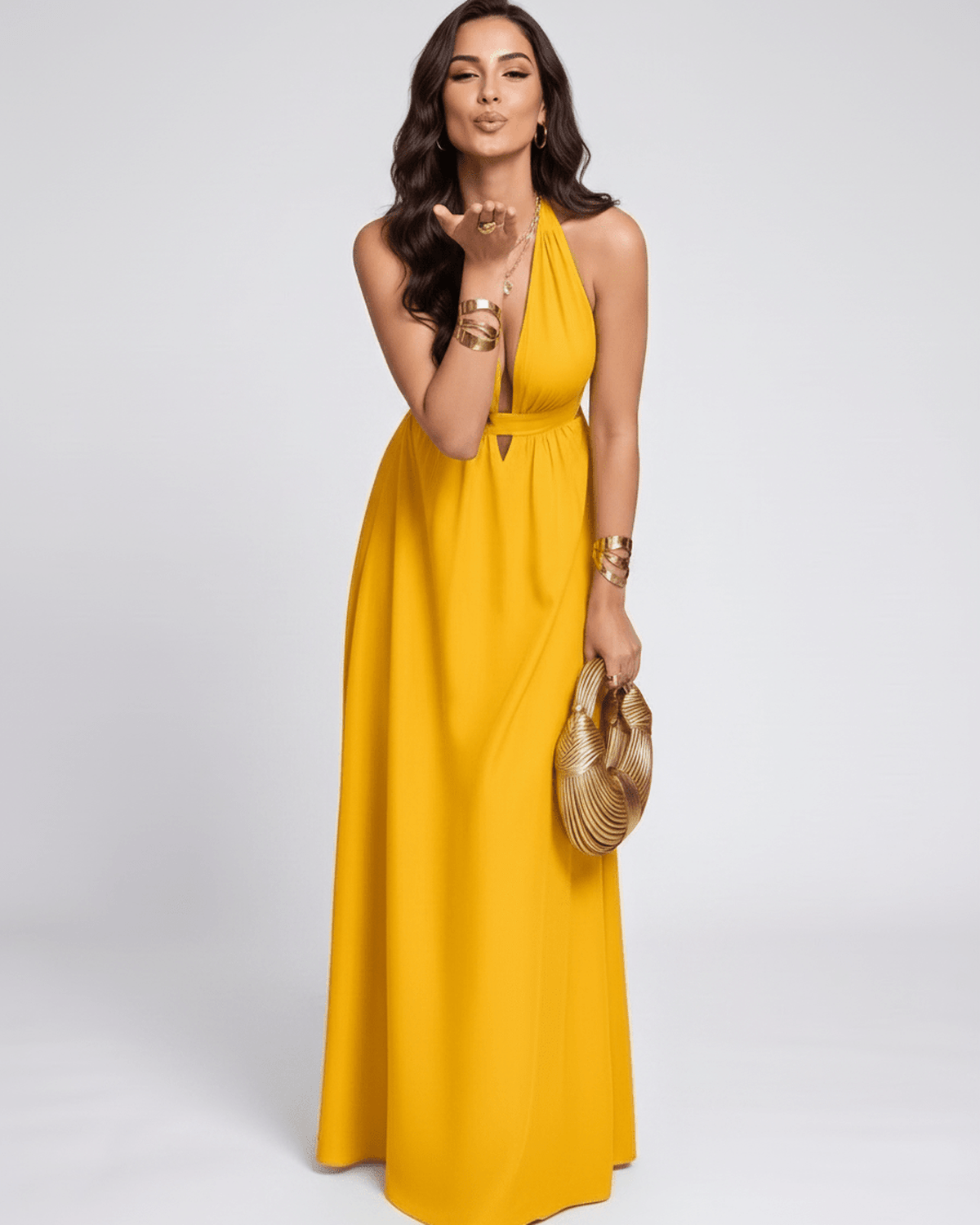 Solara Maxi Dress by Lauven — chiffon sleeveless halter V-neck A-line maxi dress