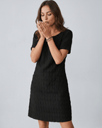 Avelin Mini Dress by Lauven — textured short sleeve round neck shift mini dress with pockets