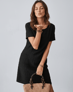 Avelin Mini Dress by Lauven — textured short sleeve round neck shift mini dress with pockets