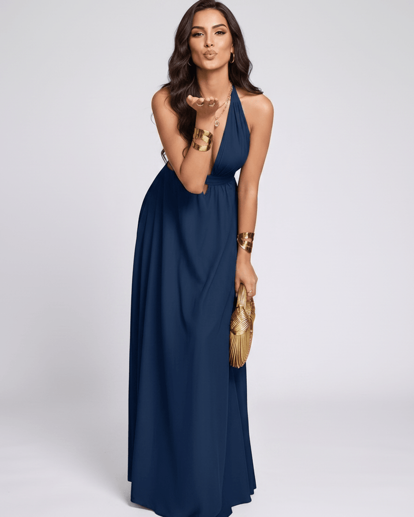 Solara Maxi Dress by Lauven — chiffon sleeveless halter V-neck A-line maxi dress