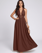 Solara Maxi Dress by Lauven — chiffon sleeveless halter V-neck A-line maxi dress