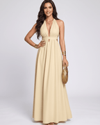 Solara Maxi Dress by Lauven — chiffon sleeveless halter V-neck A-line maxi dress