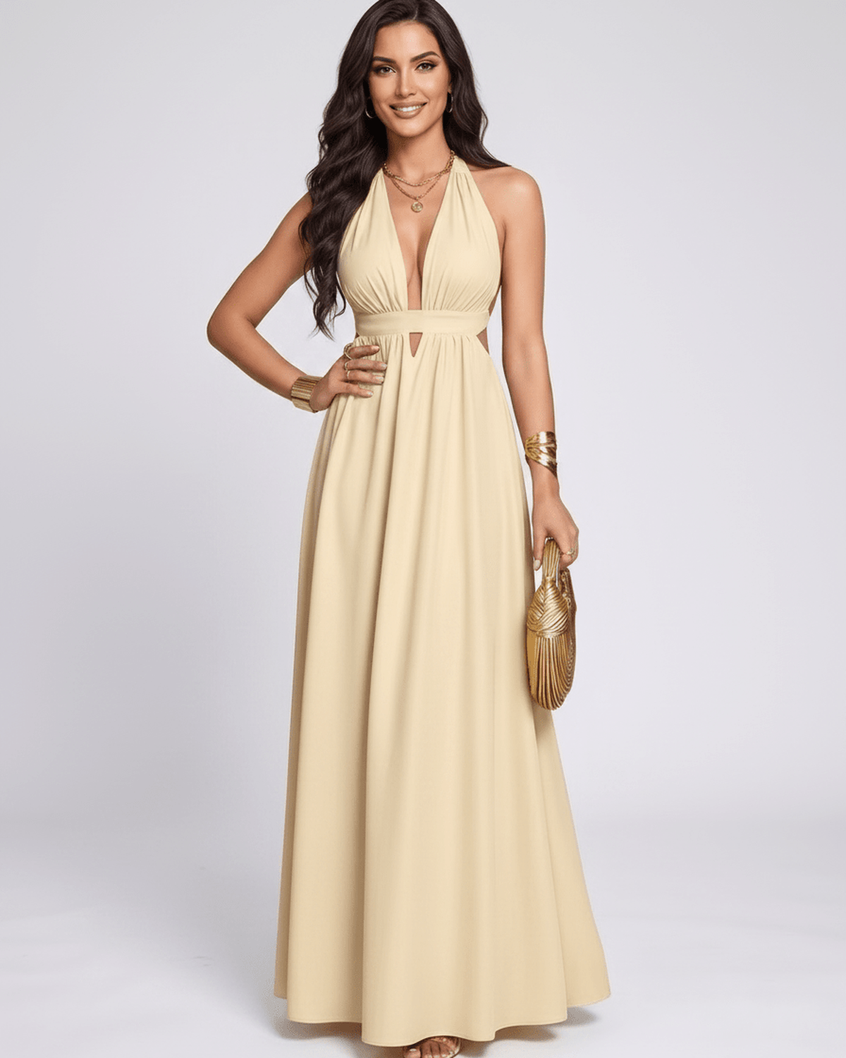 Solara Maxi Dress by Lauven — chiffon sleeveless halter V-neck A-line maxi dress