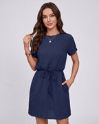 Aveline Mini Dress by Lauven — navy textured short sleeve round neck A-line mini dress with tie waist