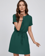 Aveline Mini Dress by Lauven — textured short sleeve round neck A-line mini dress with tie waist