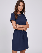 Aveline Mini Dress by Lauven — textured short sleeve round neck A-line mini dress with tie waist