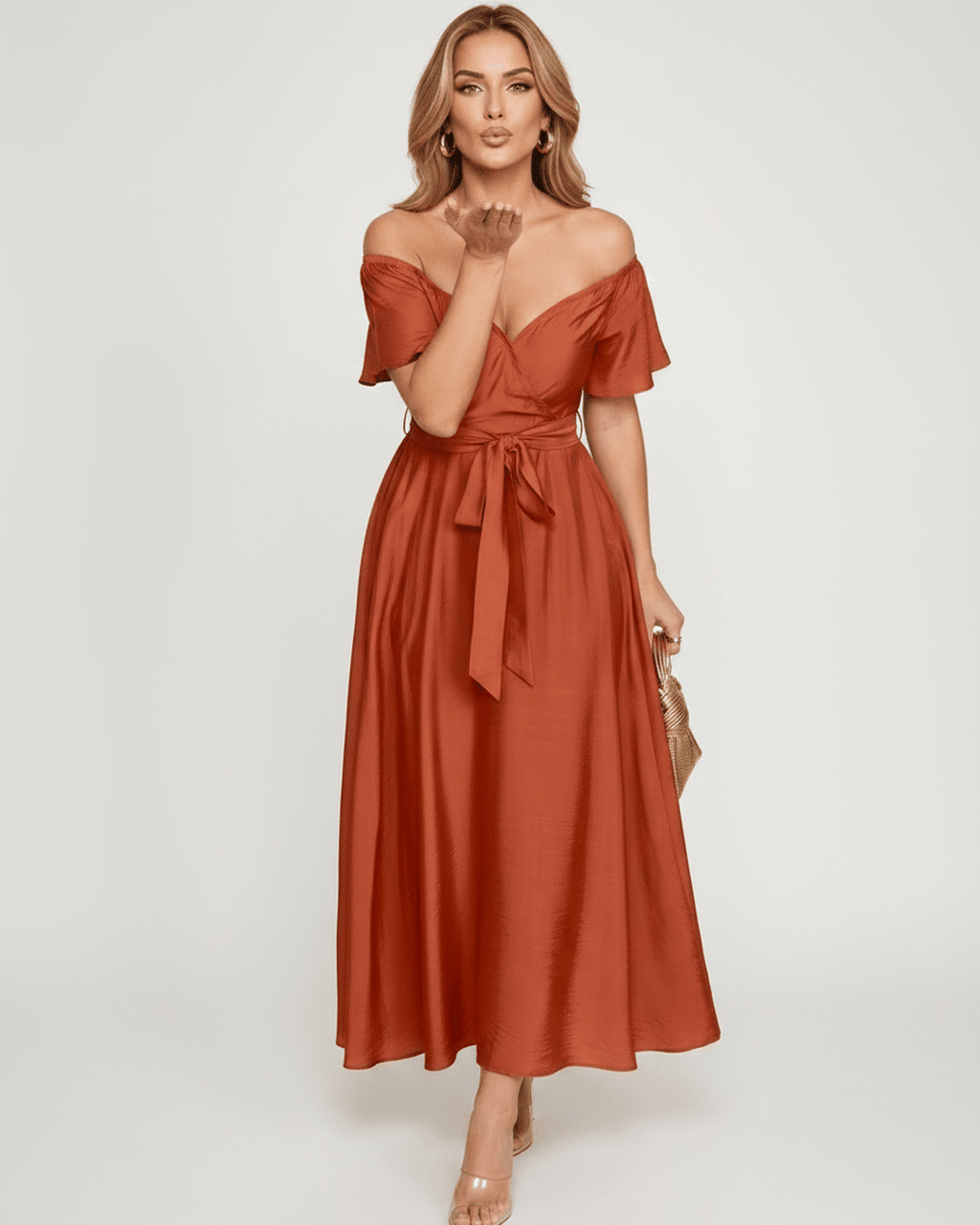 Seraph Midi Dress by Lauven — satin short sleeve off-shoulder sweetheart A-line midi dress