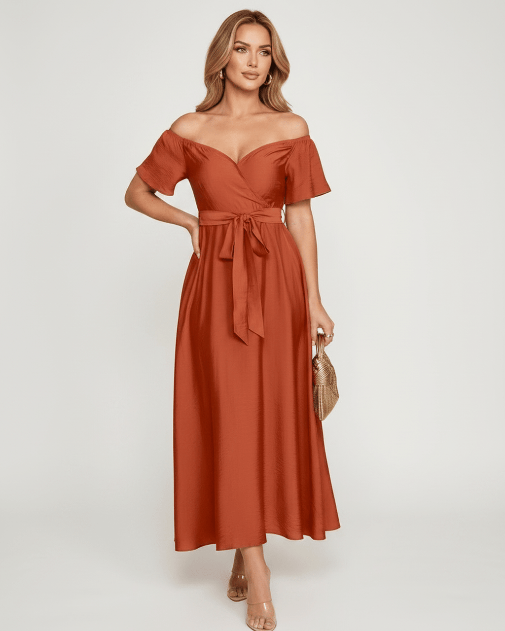 Seraph Midi Dress by Lauven — satin short sleeve off-shoulder sweetheart A-line midi dress