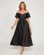 Seraph Midi Dress by Lauven — black satin short sleeve off-shoulder sweetheart A-line midi dress
