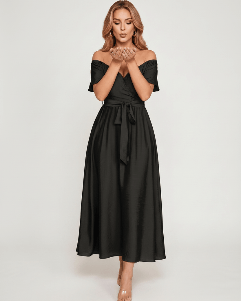 Seraph Midi Dress by Lauven — satin short sleeve off-shoulder sweetheart A-line midi dress