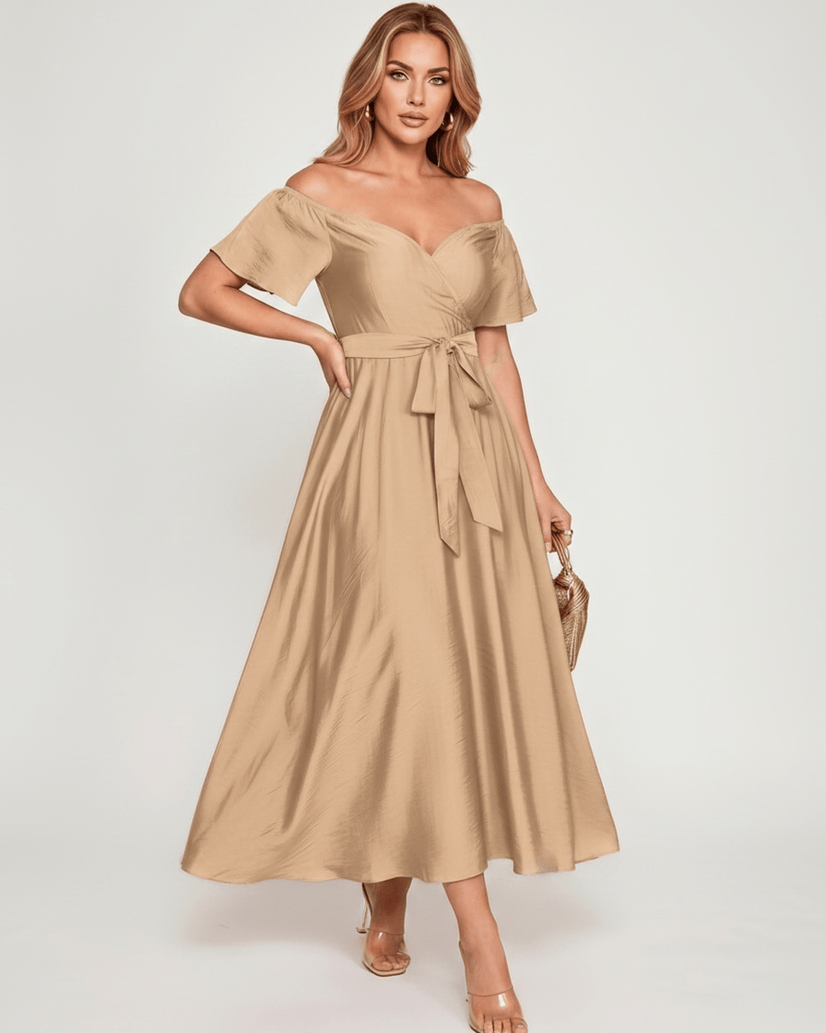 Seraph Midi Dress by Lauven — satin short sleeve off-shoulder sweetheart A-line midi dress