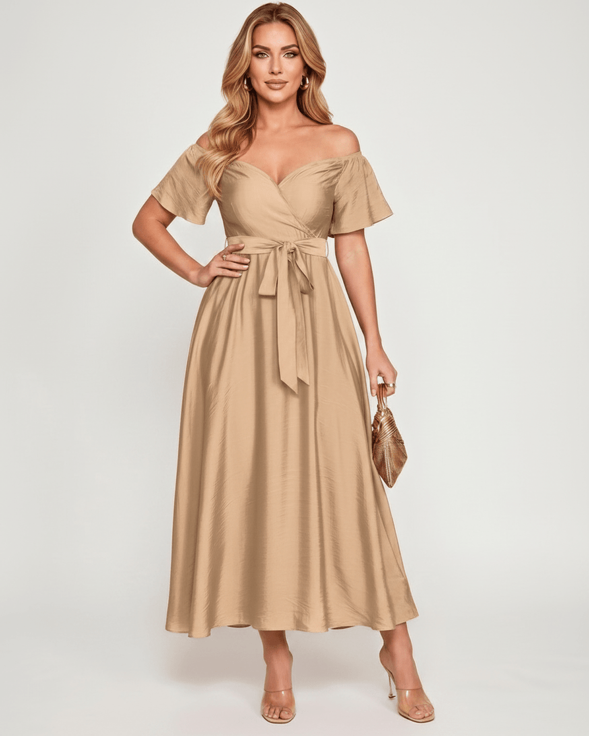 Seraph Midi Dress by Lauven — satin short sleeve off-shoulder sweetheart A-line midi dress