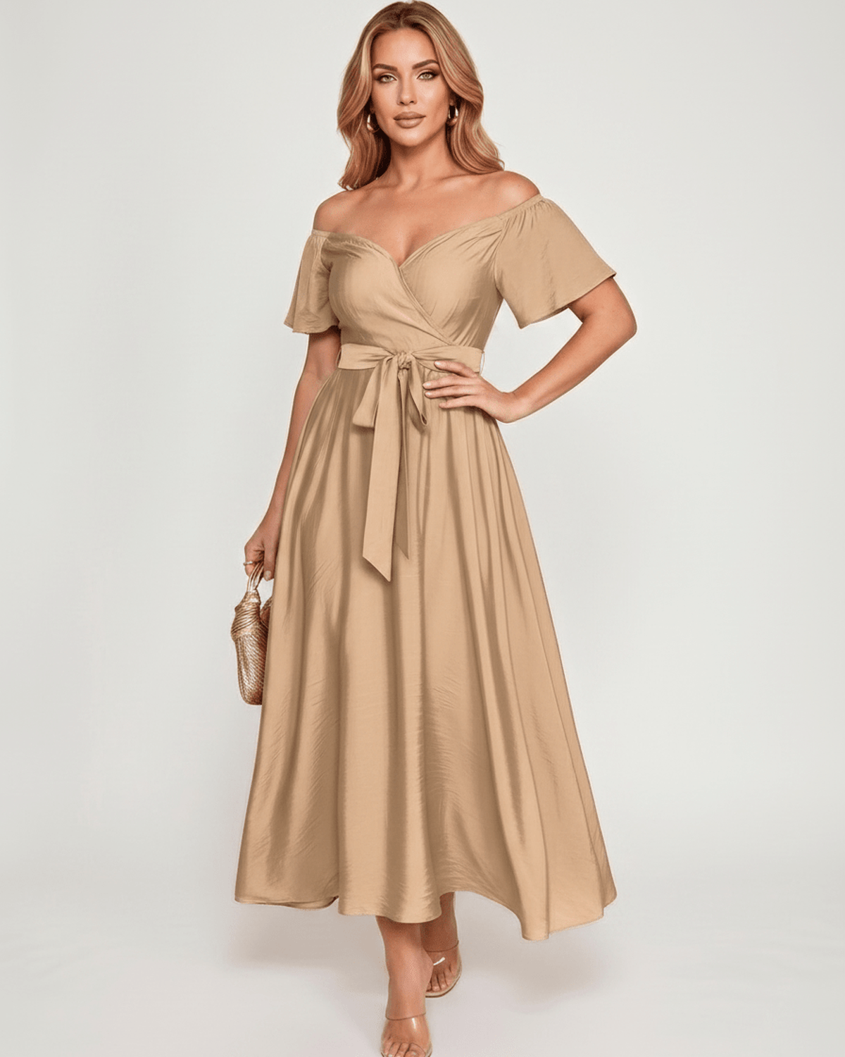 Seraph Midi Dress by Lauven — satin short sleeve off-shoulder sweetheart A-line midi dress