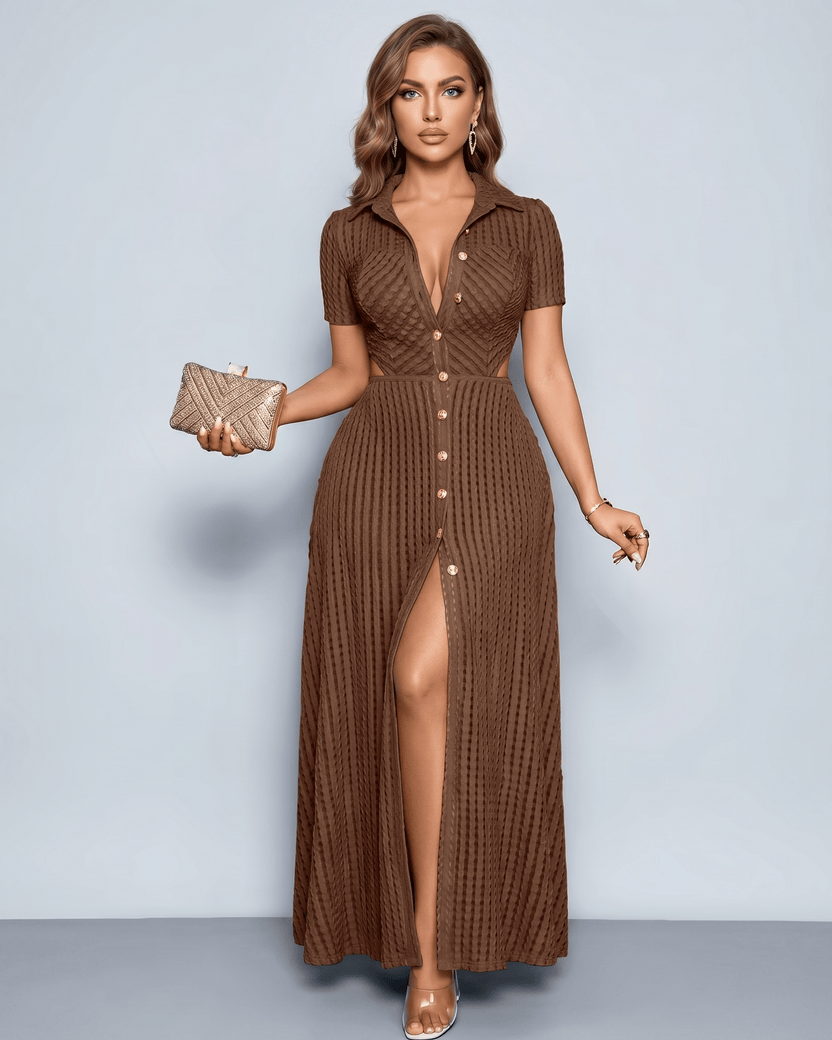 Elara Maxi Dress by Lauven — brown textured knit short sleeve V-neck button front maxi dress