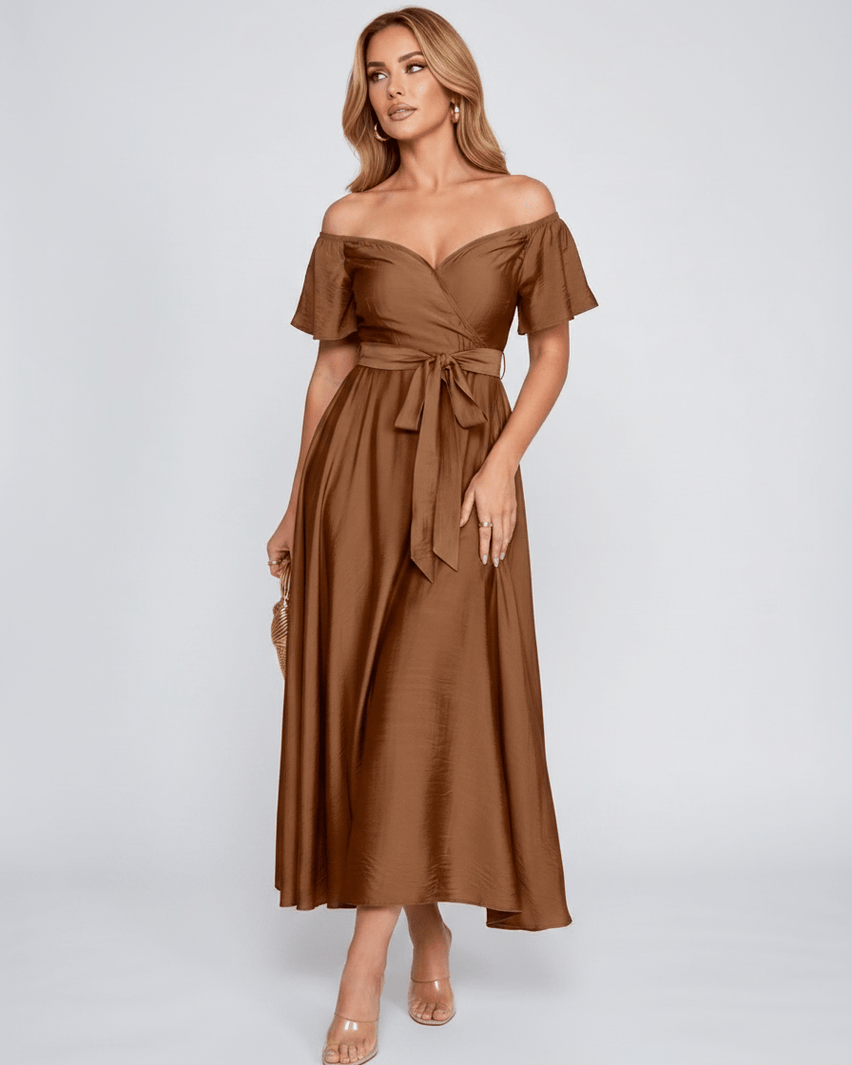 Seraph Midi Dress by Lauven — satin short sleeve off-shoulder sweetheart A-line midi dress