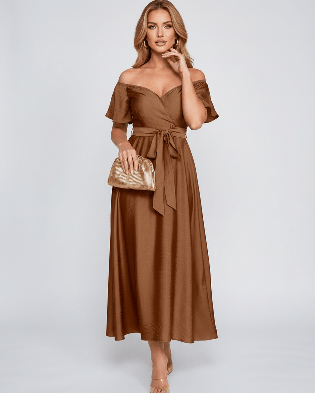 Seraph Midi Dress by Lauven — satin short sleeve off-shoulder sweetheart A-line midi dress