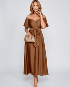 Seraph Midi Dress by Lauven — satin short sleeve off-shoulder sweetheart A-line midi dress