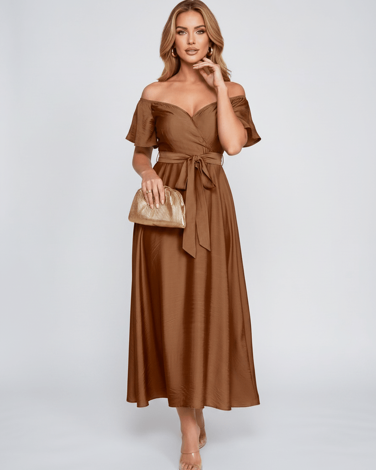 Seraph Midi Dress by Lauven — satin short sleeve off-shoulder sweetheart A-line midi dress