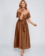 Seraph Midi Dress by Lauven — satin short sleeve off-shoulder sweetheart A-line midi dress