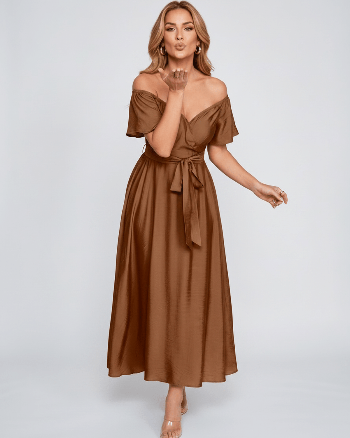 Seraph Midi Dress by Lauven — satin short sleeve off-shoulder sweetheart A-line midi dress