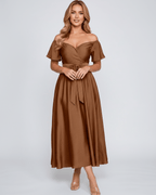 Seraph Midi Dress by Lauven — satin short sleeve off-shoulder sweetheart A-line midi dress