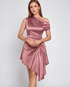Serelle Mini Dress by Lauven — satin one shoulder asymmetric ruched mini dress