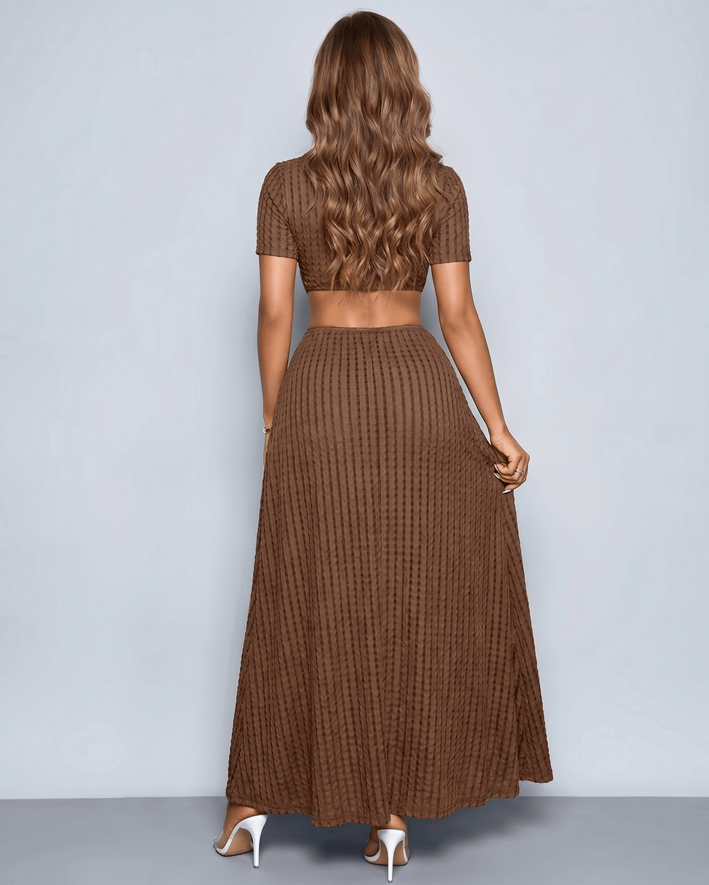 Elara Maxi Dress by Lauven — textured knit short sleeve V-neck button front maxi dress