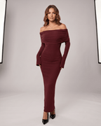 Velora Maxi Dress by Lauven — red ribbed knit long sleeve off-shoulder bodycon maxi dress