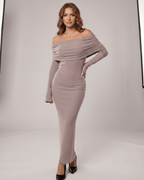 Velora Maxi Dress by Lauven — ribbed knit long sleeve off-shoulder bodycon maxi dress