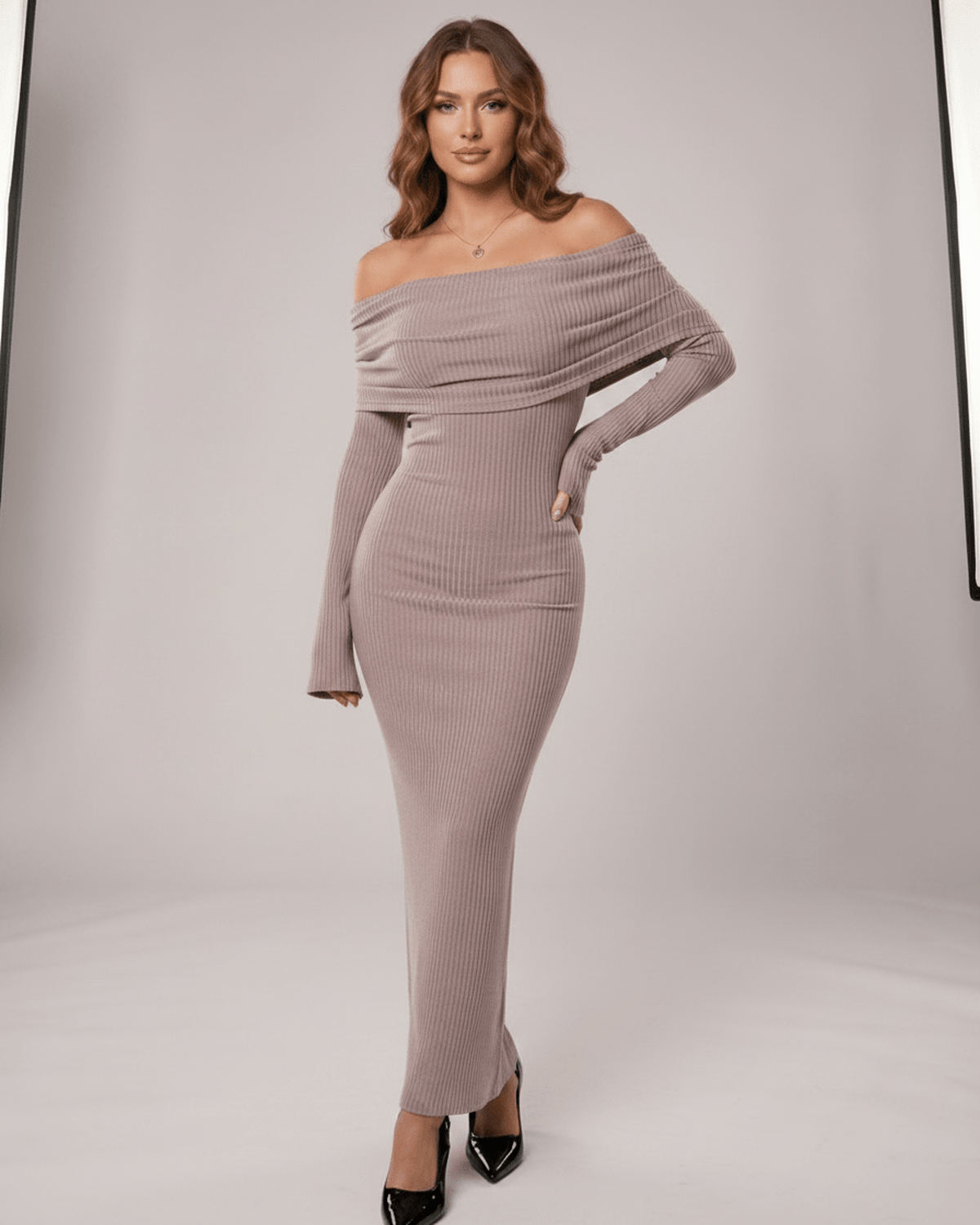 Velora Maxi Dress by Lauven — ribbed knit long sleeve off-shoulder bodycon maxi dress