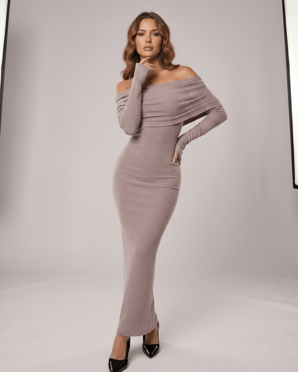 Velora Maxi Dress by Lauven — ribbed knit long sleeve off-shoulder bodycon maxi dress
