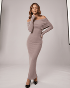 Velora Maxi Dress by Lauven — ribbed knit long sleeve off-shoulder bodycon maxi dress