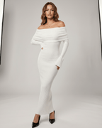 Velora Maxi Dress by Lauven — ribbed knit long sleeve off-shoulder bodycon maxi dress