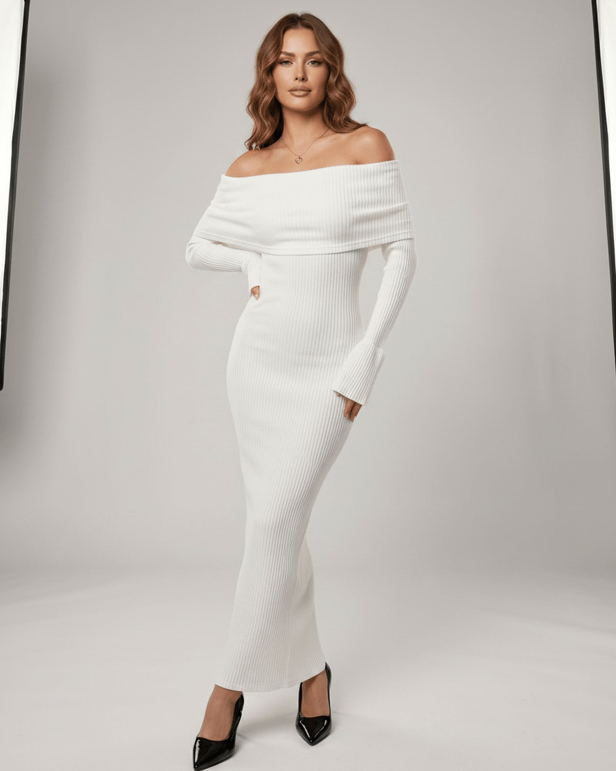 Velora Maxi Dress by Lauven — ribbed knit long sleeve off-shoulder bodycon maxi dress