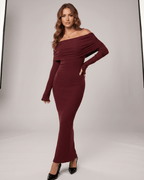 Velora Maxi Dress by Lauven — ribbed knit long sleeve off-shoulder bodycon maxi dress