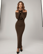 Velora Maxi Dress by Lauven — ribbed knit long sleeve off-shoulder bodycon maxi dress