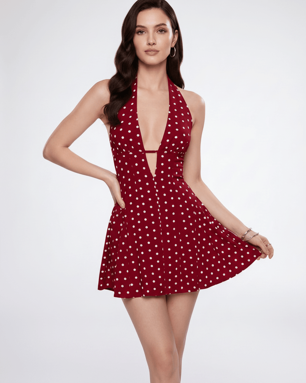 Veloura Mini Dress by Lauven — polyester sleeveless halter V-neck fit and flare mini dress