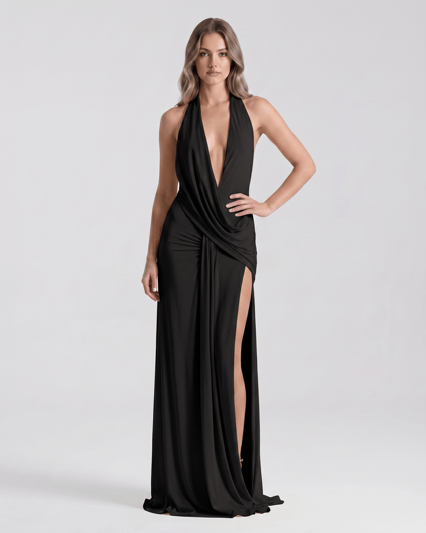 Solene Maxi Dress by Lauven — black stretch jersey sleeveless deep v halter draped maxi dress