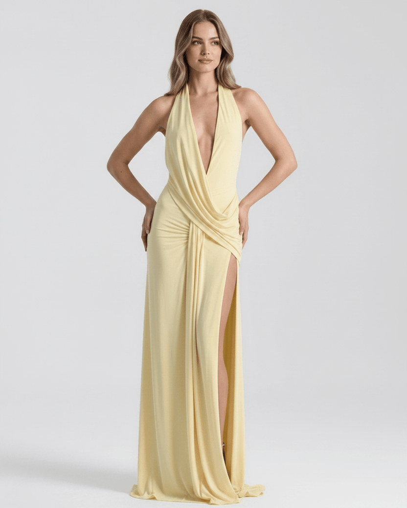 Solene Maxi Dress by Lauven — stretch jersey sleeveless deep v halter draped maxi dress