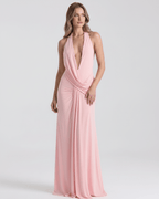 Solene Maxi Dress by Lauven — stretch jersey sleeveless deep v halter draped maxi dress