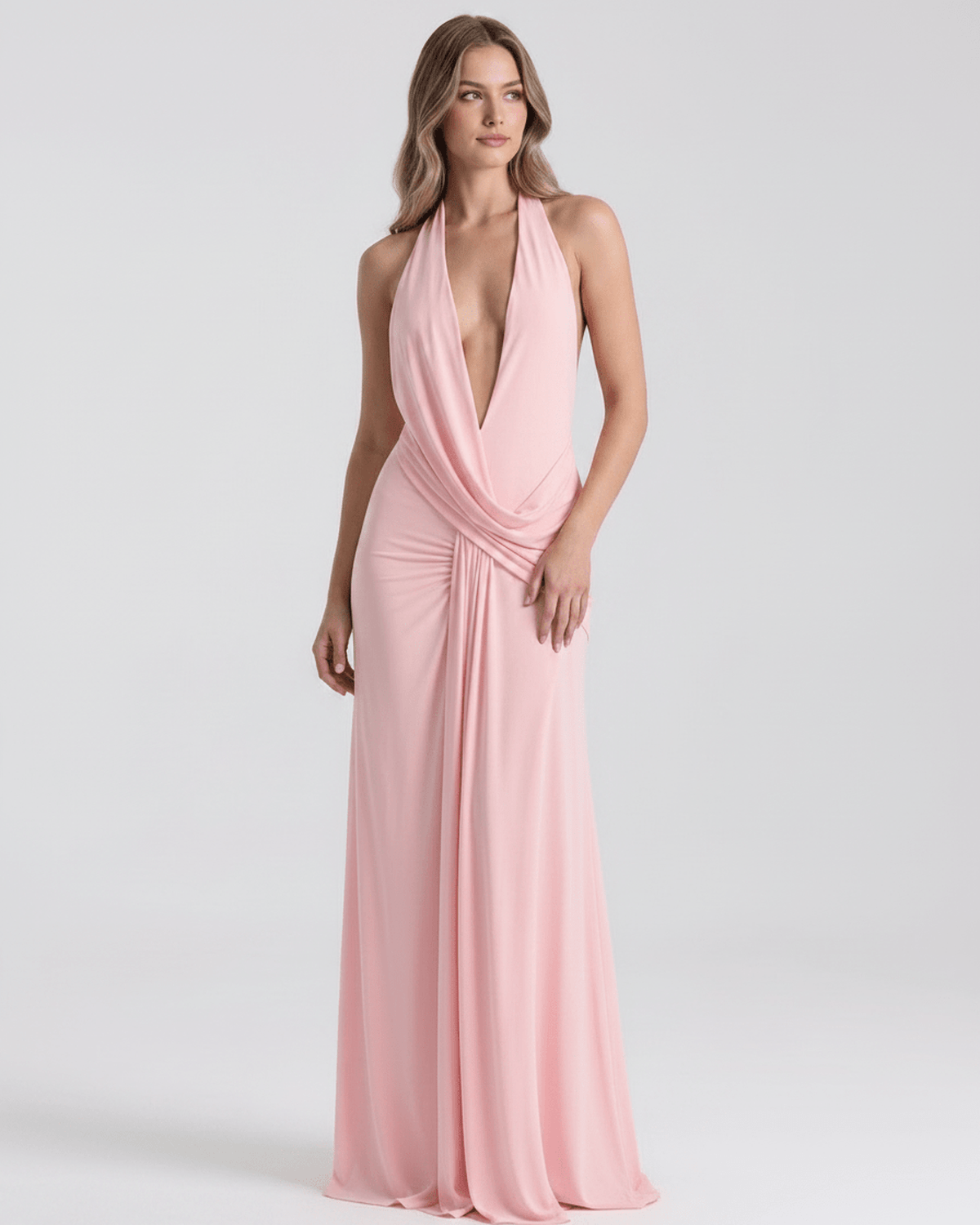 Solene Maxi Dress by Lauven — stretch jersey sleeveless deep v halter draped maxi dress