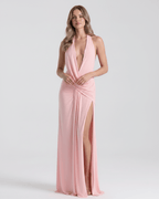 Solene Maxi Dress by Lauven — stretch jersey sleeveless deep v halter draped maxi dress