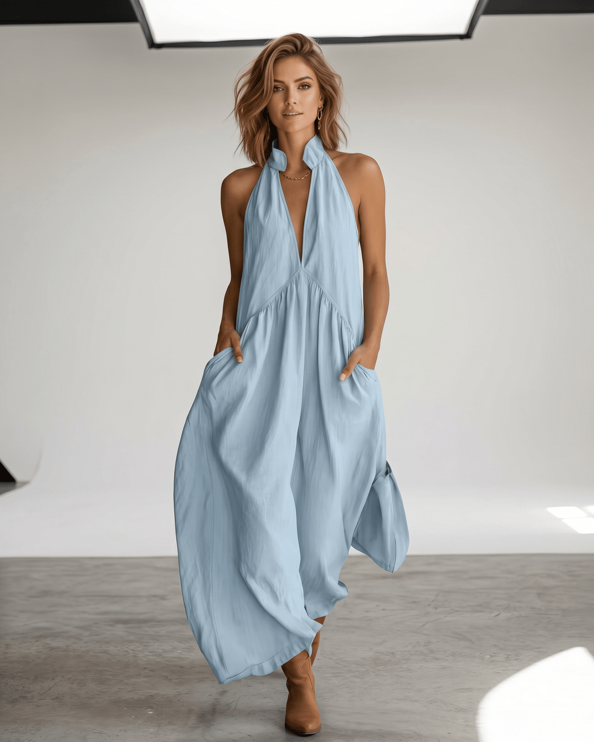 Aveline Maxi Dress by Lauven — black lightweight sleeveless v neck halter loose maxi dress with pockets