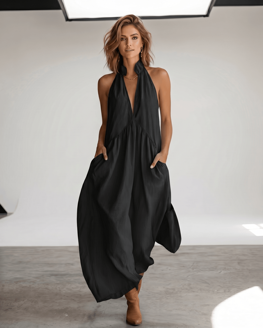 Aveline Maxi Dress by Lauven — lightweight sleeveless v neck halter loose maxi dress with pockets