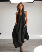 Aveline Maxi Dress by Lauven — lightweight sleeveless v neck halter loose maxi dress with pockets