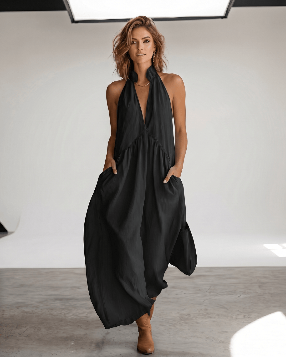 Aveline Maxi Dress by Lauven — lightweight sleeveless v neck halter loose maxi dress with pockets