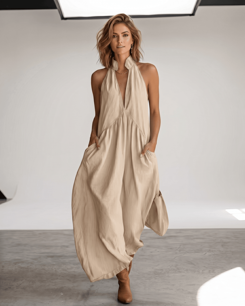 Aveline Maxi Dress by Lauven — beige lightweight sleeveless v neck halter loose maxi dress with pockets