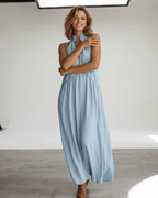 Aveline Maxi Dress by Lauven — lightweight sleeveless v neck halter loose maxi dress with pockets