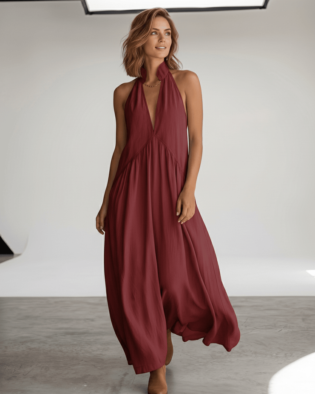 Aveline Maxi Dress by Lauven — lightweight sleeveless v neck halter loose maxi dress with pockets